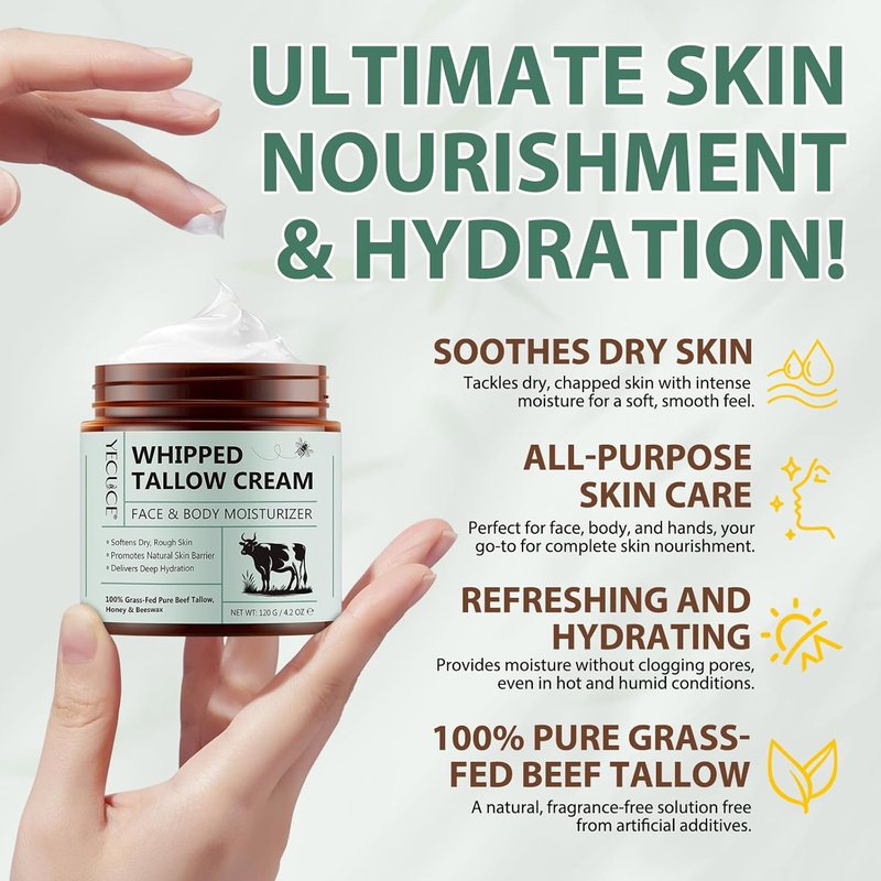 Whipped Beef Tallow Skin Face Moisturizer - Organic Grass-Fed Tallow with Honey Cream | Unscented, 2-Pack