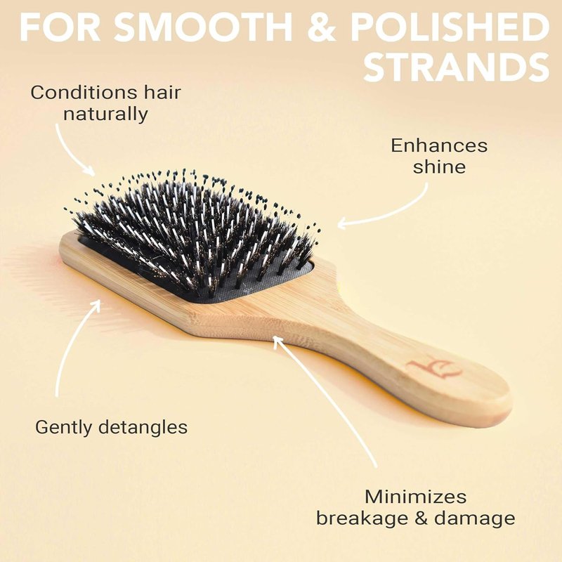 Boar Bristle Paddle Hair Brush - Detangling Wood Brush for Thick, Curly & Wavy Hair | Stimulates Scalp