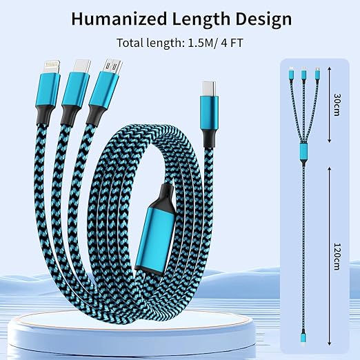Travel Essentials,Dual Type-C 4 in 1 Multi Charging Cable, 3 FT Universal Charging Cables for All Devices, 2 USB-C/Lightning/Micro USB Port, Compatible with iPhone 17 16/15 Series/Phone/Tablet,Blue