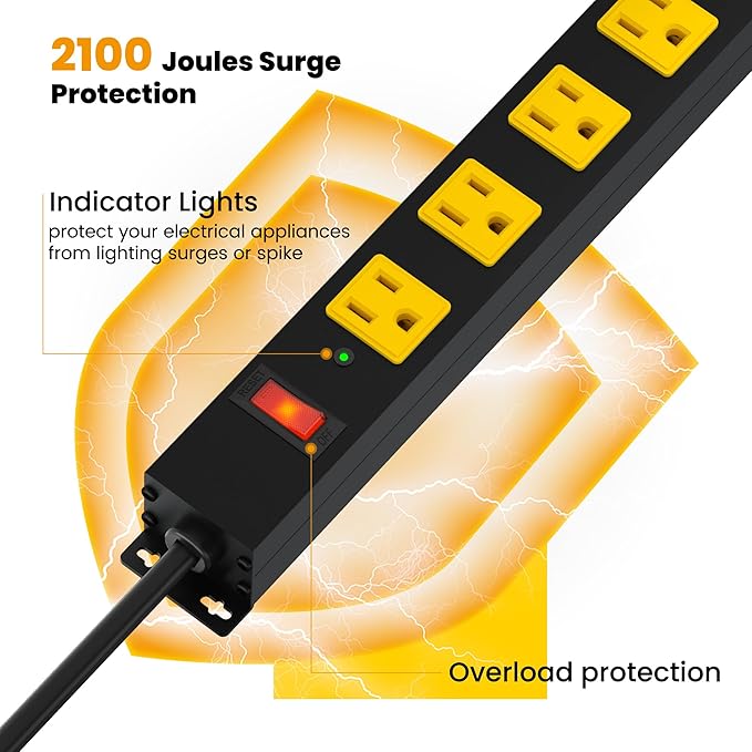 Metal 12 Outlet Mountable Power Strip, 2100J Surge Protector with Heavy Duty 6ft Extension Cord, Wide Spaced and Wall Mount Metal Powerstrip for Garage, Desk, Industrial, Shop and Indoor (6ft)
