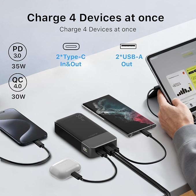 JUOVI Power Bank 35W 20000mAh Portable Charger Fast Charging，PD 3.0 QC 4.0 Fast Charging Phone Charger with LED Display, Travel Battery Pack 2 USB C 2 USB A Ports for iPhone 16/15/14 Series, Galaxy,