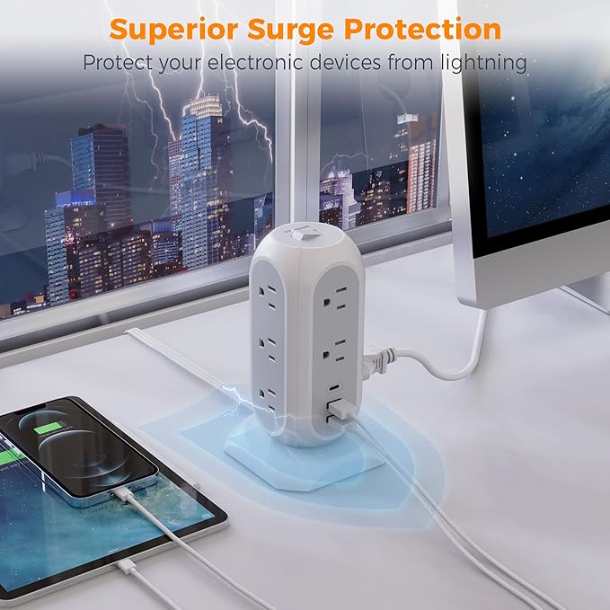 TESSAN Tower Power Strip Flat Plug with 11 Outlets 3 USB (1 USB C), Surge Protector Tower 1625W/13A,1050J Protection, 15 Feet Extension Cord with Multiple Outlets, Dorm, Office Desk Supplies, Grey