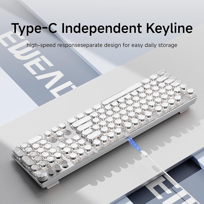 EWEADN Wired Typewriter Mechanical Keyboard, Quiet White Linear Switches Retro Punk Style with Media Knob, Elegant Backlit Metal Panel, 104-Key Round Keycaps Cute Keyboard for Windows PC - Pure White
