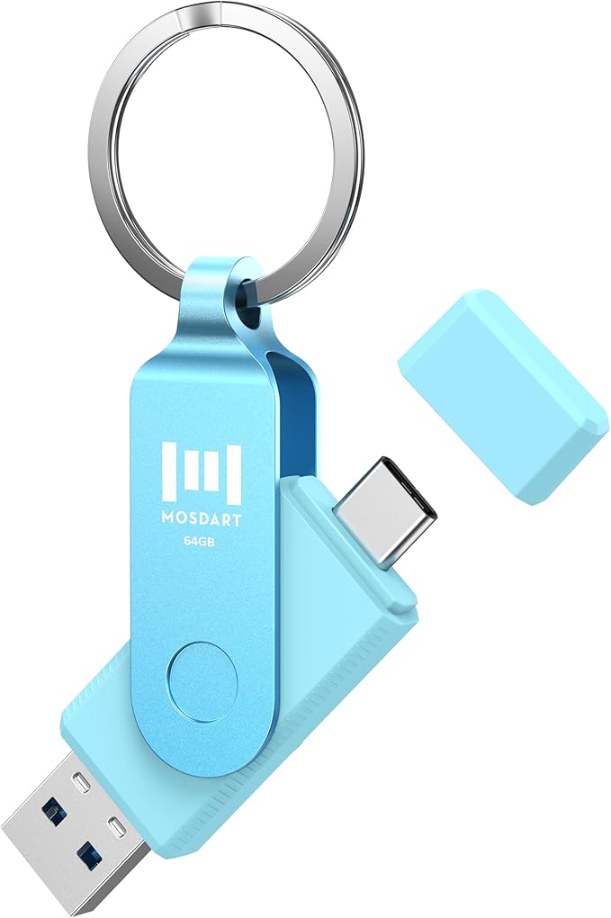 MOSDART 64GB USB C 3.2 Fast Speed C and A Dual Flash Drive, exFAT Memory Stick with Keychain and LED Indicator, for iPhone 15,16,17, Android Phone, iPad, MacBook, and Other Laptops, Sky Blue
