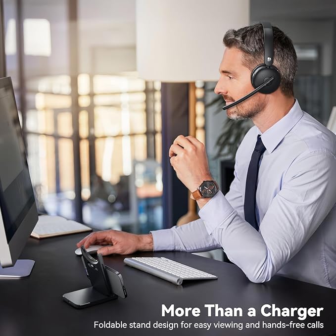 Wireless Headset with Mic for Work, Bluetooth Headphones with Microphone (Noise Cancelling) & Charging Base, Wireless Headset for Work from Home/Office/Call Center/PC/Computer/Teams/Zoom/Skype/Laptop