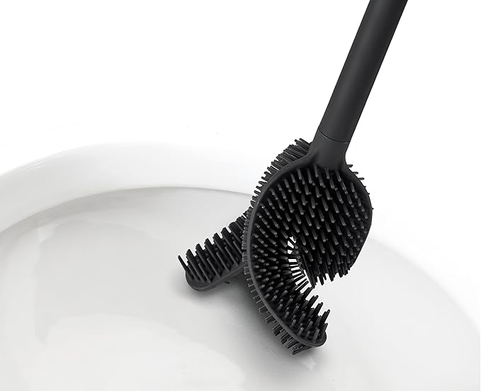 Joseph Joseph Flex 360, Advanced Smart Toilet Brush and Storage Holder Set with Anti-drip, Anti-Clog, Triple-Action Replaceable Brush Head, Matt Black