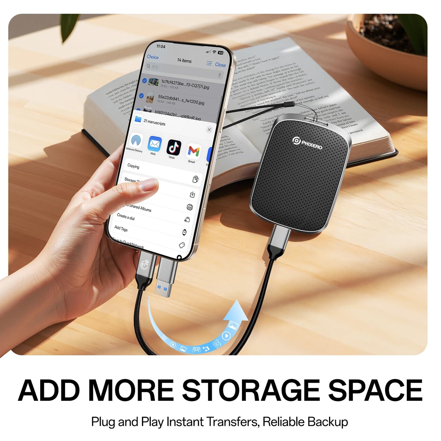 PHIXERO Portable Extern SSD 2TB Up to 550MB/s, USB 3.2 Gen 2 USB C to C&A for Smartphone/Tablet/PC/Laptop/Camera (Black)