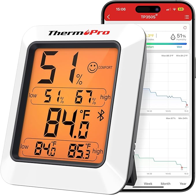 TempPro Hygrometer Thermometer for House, Bluetooth Room Indoor Greenhouse Thermometer Monitor Up to 260FT, Backlit Humidity Meter Temperature Sensor with 2-Year Data Export(Previously ThermoPro)