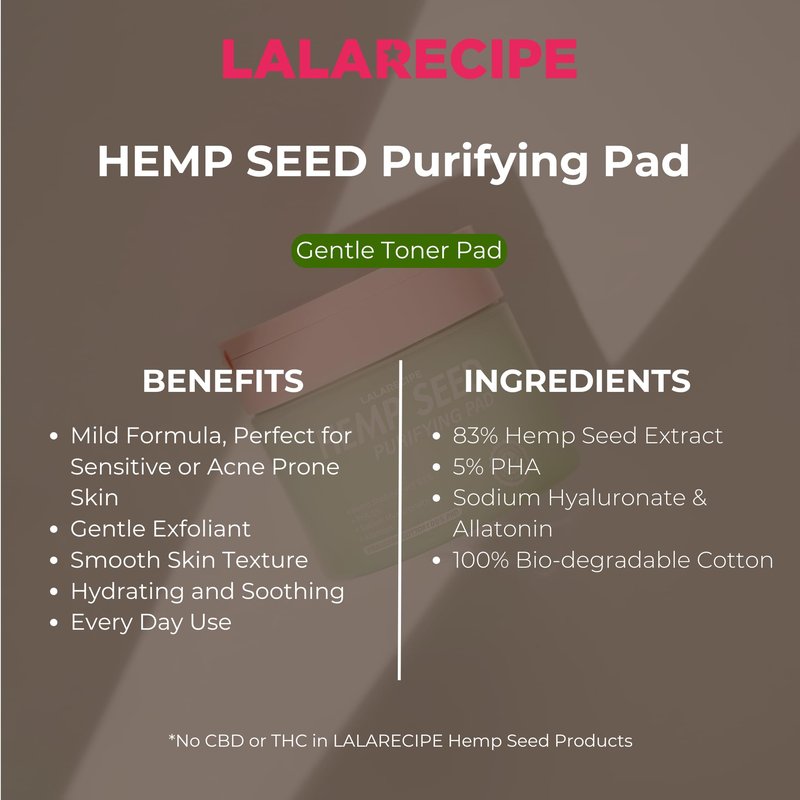 LALARECIPE Hemp Seed Purifying Facial Pads – Korean Toner Pads with 83% Hemp Seed Extract & 5% PHA – Gentle Exfoliating & Hydrating Skincare for Sensitive & Troubled Skin (70 Pcs)