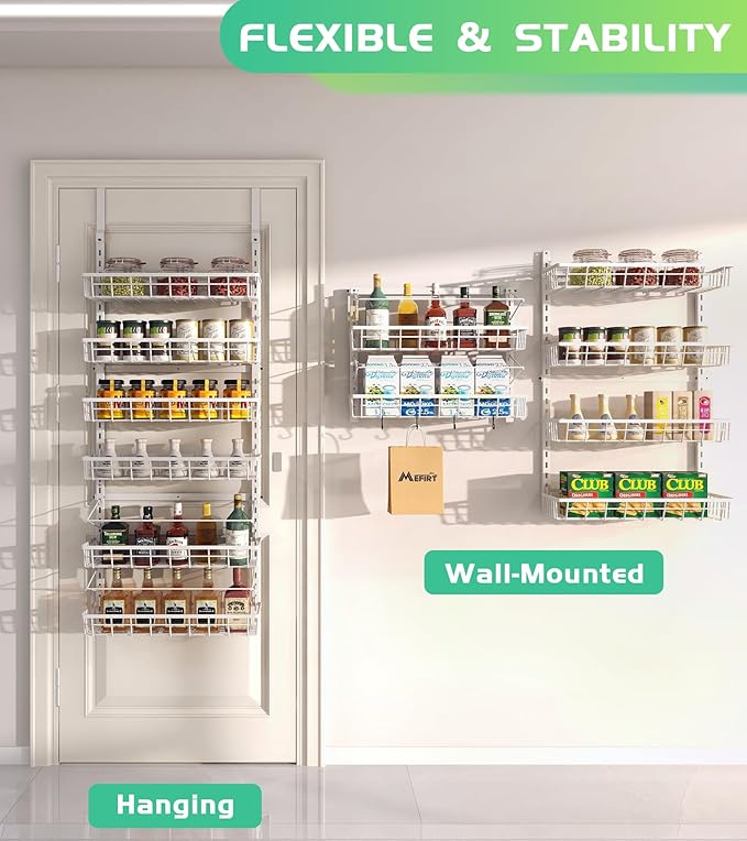 Over The Door Pantry Organizer, Wall Mount Spice Rack, Pantry Hanging Storage and Organization, 6 Adjustable Baskets Heavy-Duty Metal for Home & Kitchen, Back of Door Seasoning Rack - White