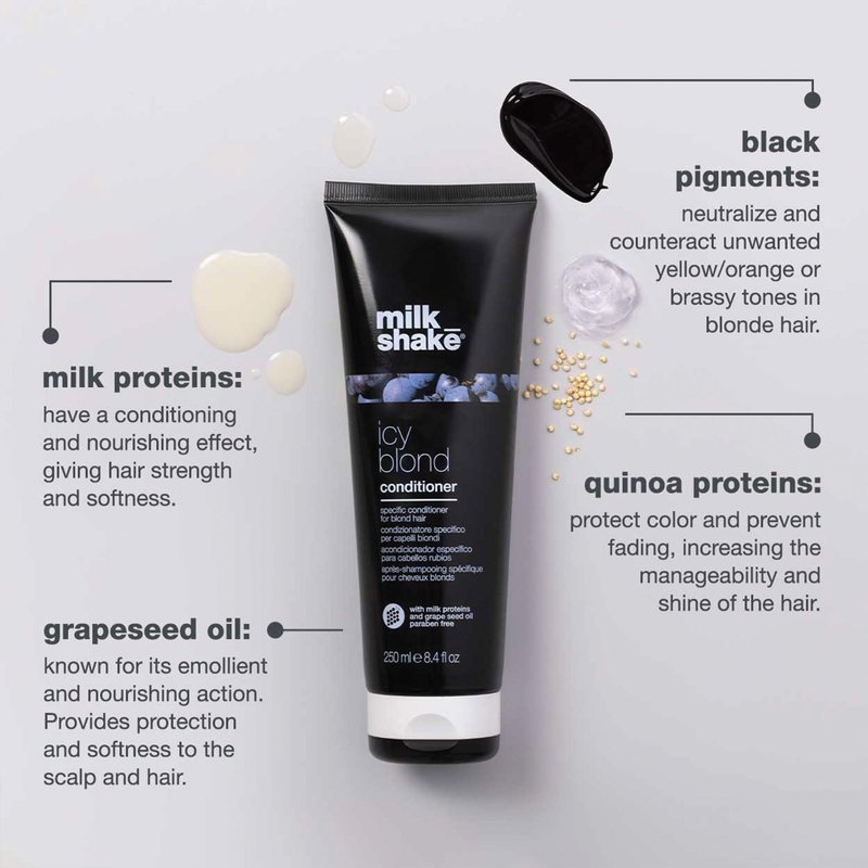 milk_shake icy blond conditioner | award winning toning conditioner with black pigment to neutralize yellow and brass in platinum blonde hair | hydrates and brightens cool tones