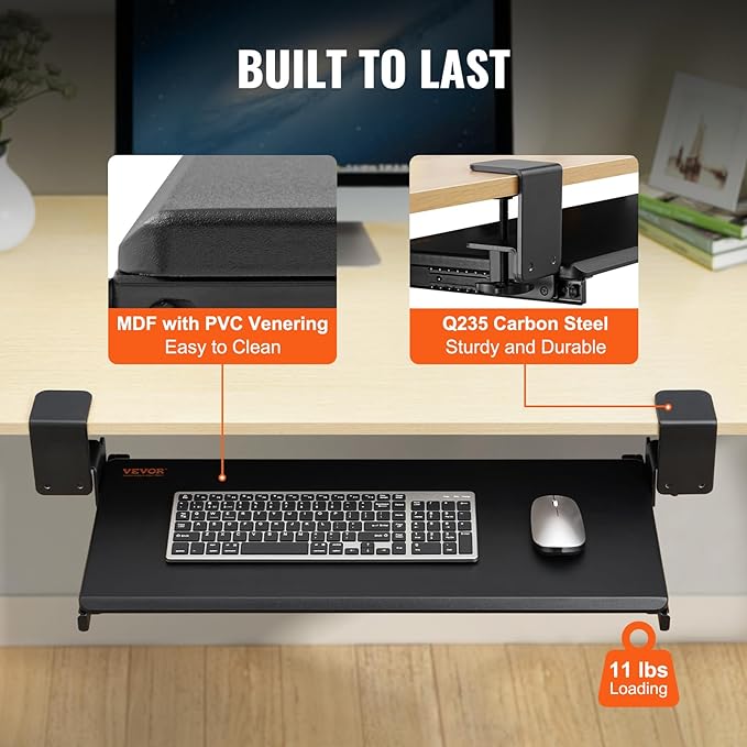 VEVOR Clamp on Keyboard Tray Under Desk, Desk Keyboard Tray Slide Out with Sturdy No-Drill C Clamp Mount, Large 26.8 x 11 inch Slide-Out Computer Drawer for Typing in Home, Office Work