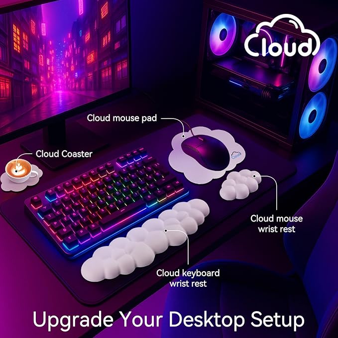 Sushret Cloud Wrist Rest for Computer Keyboard, 4-in-1 Memory Foam Leather Cloud Keyboard Wrist Rest and Mouse Pad Set with Ergonomic Support for Arm and Palm Cushion, Gaming/Work Setup, White