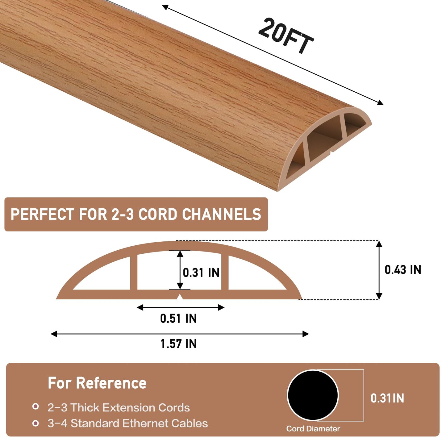 Floor Cord Cover Self Adhesive Cord Hider Floor Extension Cord Covers for Floor Power Cord Protector Cable Management Prevent Cable Trips Cable Cavity 0.51" W x 0.31" H (Light Brown Wood, 20Ft)