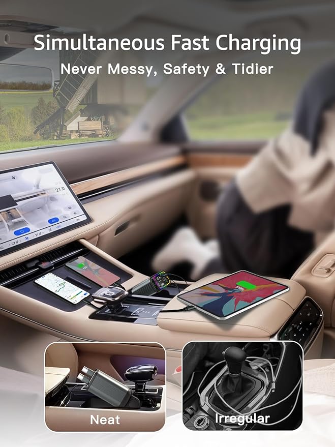 PDMAX Retractable Car Charger USB C,145W Type C Car Charger Fast Charging with Dual Retractable USB C Cable and USB Ports for iPhone 17/16/15,S25/24/23/22, Pixel 9/8/7（Build-in Dual Type C Cable）