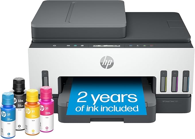 HP Smart Tank 7301 Wireless All-in-One Ink Tank Printer, Scanner, Copier with 2 Years of Ink Included, Best-for-Home Office, Cartridge-Free Refillable, AI-Enabled (28B70A)