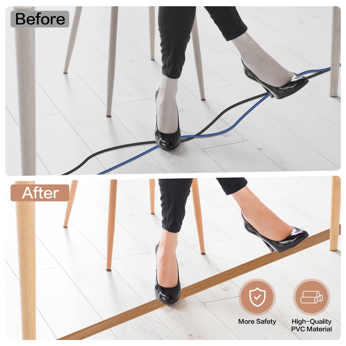 Floor Cord Cover Self Adhesive Cord Hider Floor Extension Cord Covers for Floor Power Cord Protector Cable Management Prevent Cable Trips Cable Cavity 0.51" W x 0.31" H (Light Brown Wood, 20Ft)