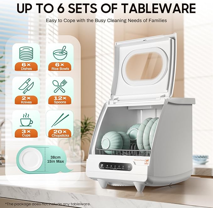 800W Countertop Dishwasher 5 Washing Program with 360°Dual Spray Leak-Proof Dry Portable Dishwasher Compact & Convenient Mini Dishwasher for Kitchen,Office,RV (800W-15.6 * 15.4 * 16.9in)