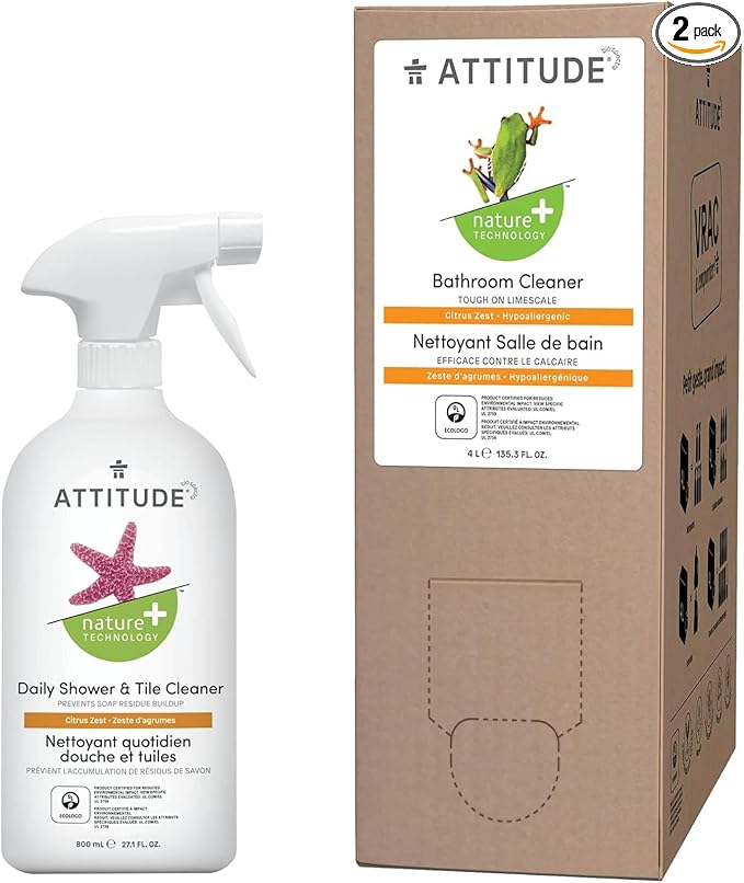 Bundle of ATTITUDE Nature +, Hypoallergenic Daily Shower & Tile Cleaner, Citrus Zest, 27.1 Fluid Ounce + Bulk Refill 135.26 Fl Oz
