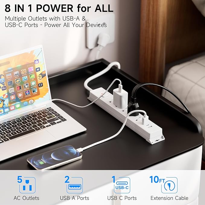 [2-Pack] 10 Ft Power Strip Surge Protector with USB Ports, Flat Plug Extension Cord, 5 AC Outlets and 3 USB Charging Ports, Wall Mountable – White for Home, Office, Dorm
