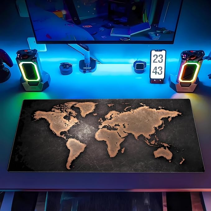 World Map Gaming Desk Pad XXL Large Mouse Pad Vintage Style Full Desk Mat Extended Keyboard Pad with Stitched Edges, Non-Slip Base (31.5" x 15.7")