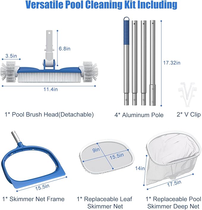 CKE Swimming Pool Cleaning Kit - Telescopic Pole, Rotatable Brush, Fine Mesh Skimmer Net for Inground & Above Ground Pools