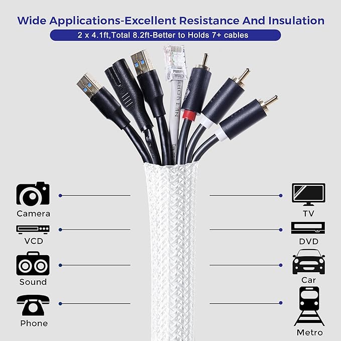 YCLYC Cable Management Sleeves 1in - 2 Pack 6.6ft Split Braided Cable Sleeve White, Cord Protectors from Pets, Wire Organizers for Cords, Flexible Cord Wrap Wire Sleeve for Computer Cord Organizer