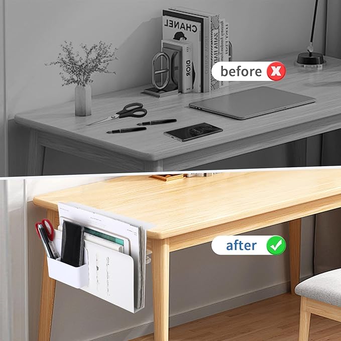 osseph Desk Side Storage Organizer, Under Desk Laptop Holder with Magnetic Pen Holder, No Drill Hanging Desks Caddy for Office & Home, Clamp On Desk Shelf for Tablet, Files, Accessories (White)