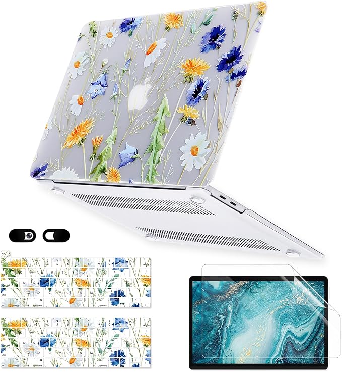 iDonzon Case for MacBook Pro 13 inch M2 M1 A2338 A2289 A2251 A2159 A1989 A1706 2023-2016 Release with Touch ID, 6 in 1 Matte Clear Shell&Keyboard Cover&Screen Protector&Webcam Cover, Floral