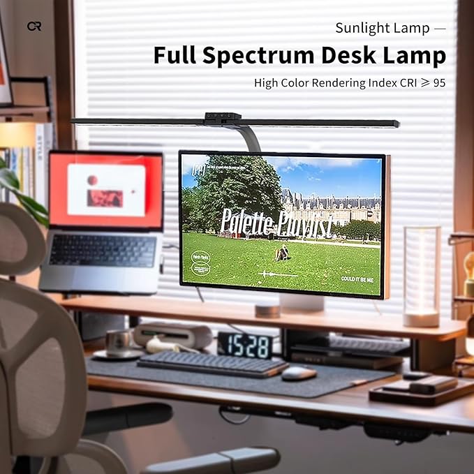 CRLIVOING Full Spectrum LED Desk Lamp, Sun Lamp 15W Eye-Caring Table Light with CRI≥95, Flicker-Free, Low Blue Light, 2700K-6500K, Stepless Dimming, 360° Arm, Clamp Base for Office & Study