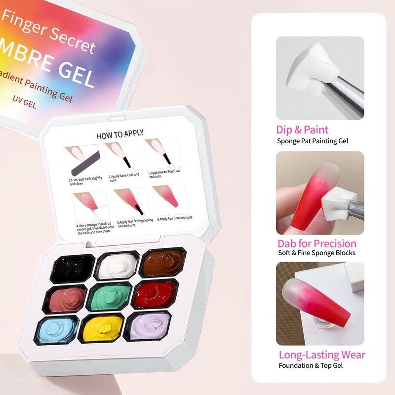 AOBOO Ombre Gel Nail Polish with Nail Art Sponges for Pat Gel Ombre Color Palette Blush Effect Pat Painting Gradient Blooming Gels 9colors for Ombre Nails Multistyle French Manicure DIY