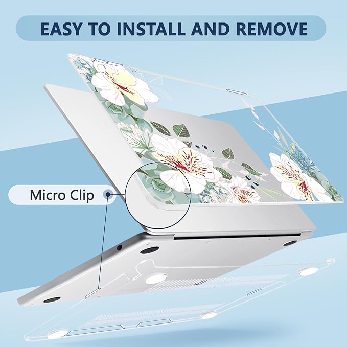 MecBevia Compatible with 2026 M5 MacBook Air 13 inch Case 2026 2025 2024-2022 M5 A3449 M4 A3240 M3 A3113 M2 A2681, Keyboard Cover, Screen Protector, Webcam Cover & Type-C OTG, White Alstroemeria