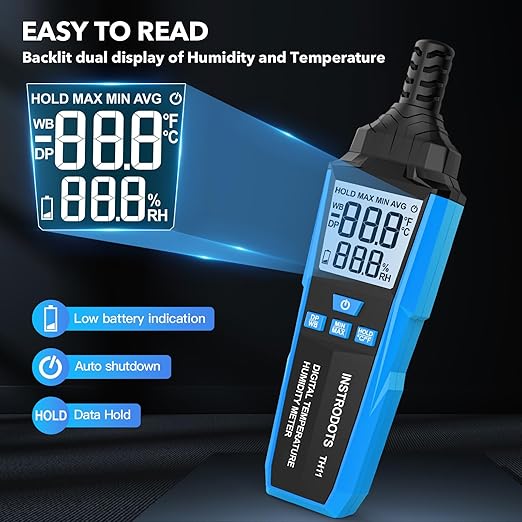 INSTRODOTS Temperature Humidity Meter, High Precision Digital Hygrometer with Ambient, Dew Point, Wet Bulb Temperature for Indoor Outdoor, Thermometer with Min/Max, Data Hold, LCD Backlight, TH11