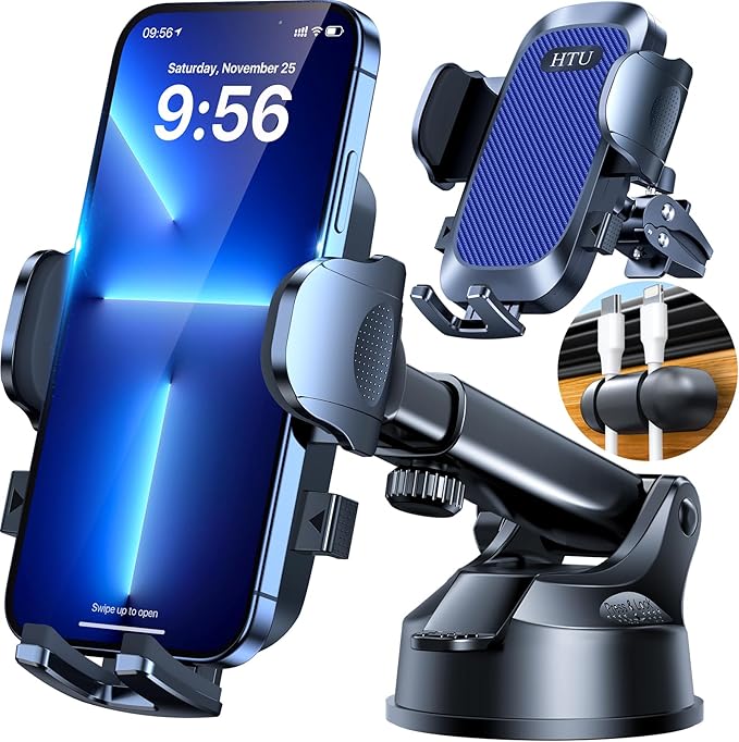 HTU Car Phone Holder【2026 Upgraded 100+LBS Suction & Safety Cert】 Cell Phone Car Mount for Truck Heavy Duty Phone Holder for Dashboard/Windshield/Vent for iPhone 17 16 Pro Max, Sapphire Blue
