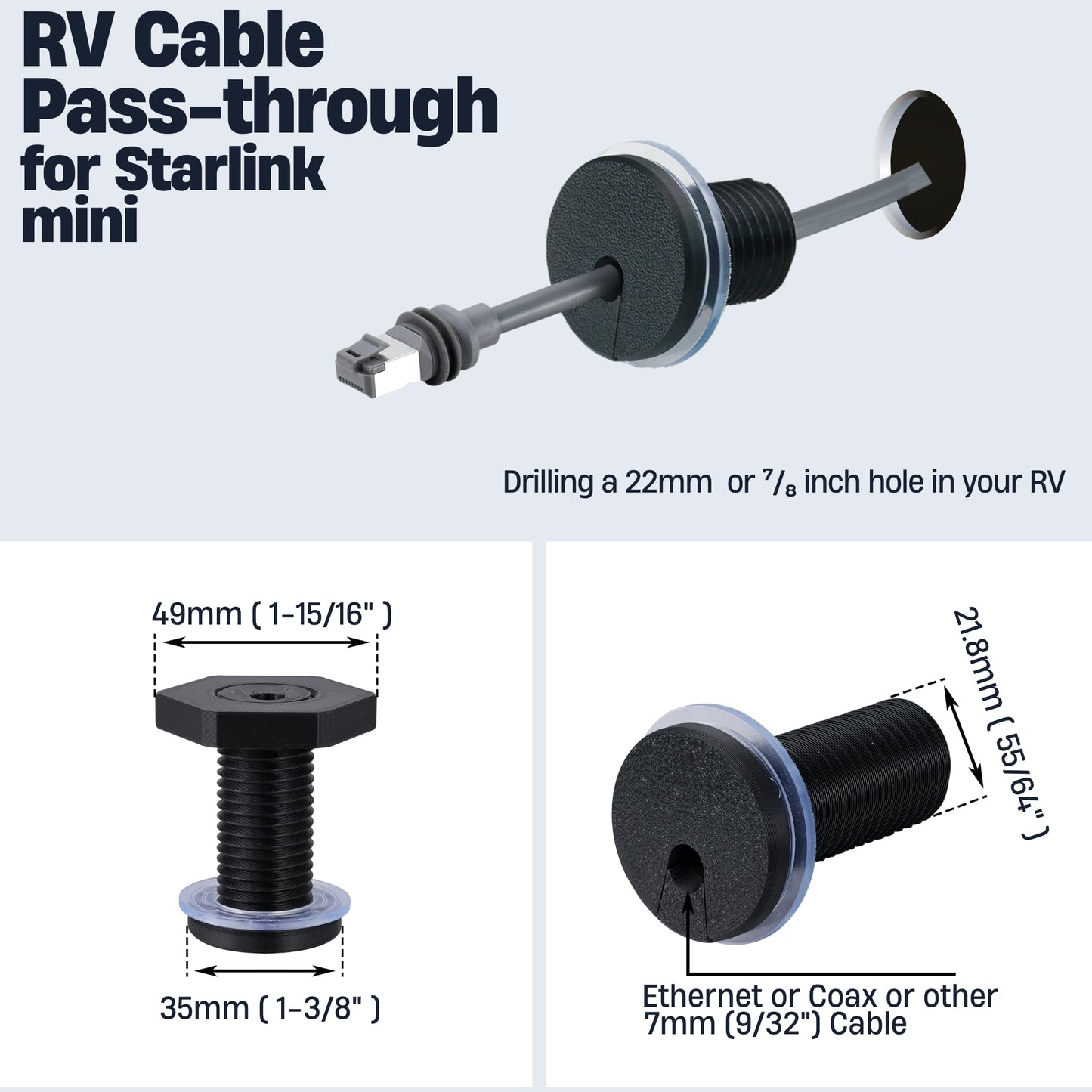 Dikiwodark 2Pcs RV Cable Passthrough for Starlink mini, RV Cable Grommet Compatible with Starlink, Ethernet, Coax, Water-Resistant and Anti-Drop RV Cable Routing(Black)