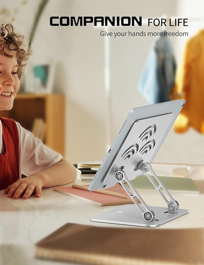 ToBeoneer Adjustable Tablet Stand for Desk, Premium Aluminum Holder for iPads, Tablets, Kindles, Switch, Phones, and All Devices up to 14 Inches. Portable and Foldable Silver, Plus Size
