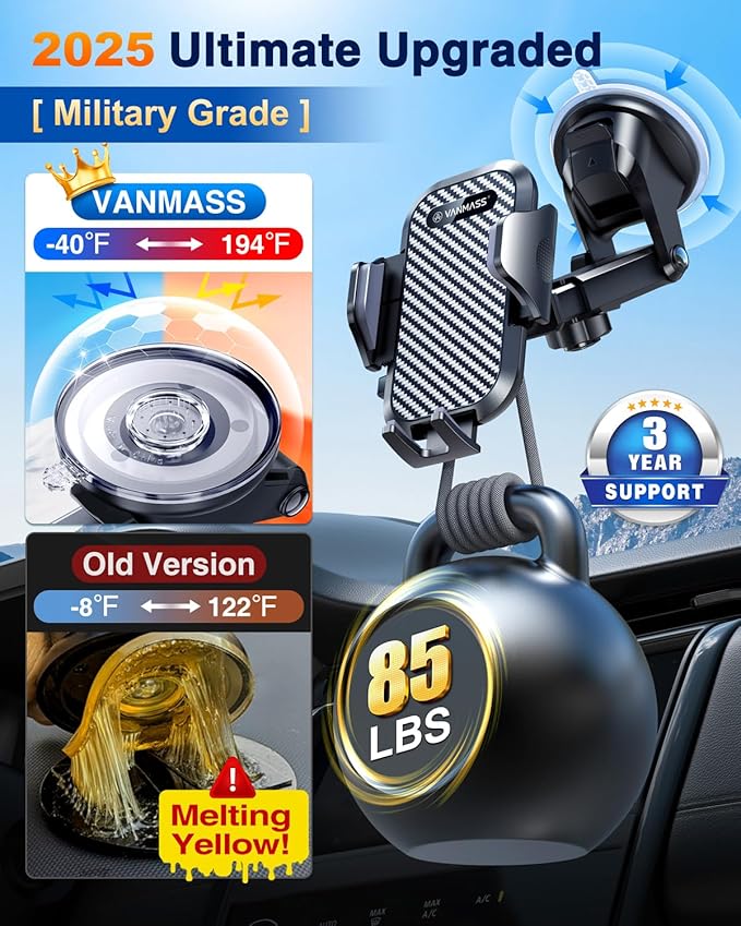 VANMASS Car Phone Holder 2026 Ultimate Military-Grade Strongest Suction & Clip Windshield Dashboard【Newest Best Strongest】 Cell Phone Shower & Wall Mounts for iPhone 17 Pro Max 16 15 14 13 Android