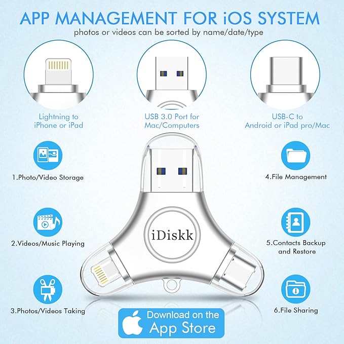 iDiskk MFi Certified 128GB Flash Drive for iPhone, 3 in 1 Type-C USB Memory Stick Thumb Drive for Photos Videos, USB-C External Memory Storage Photo Stick for iPhone iPad Android Phones PC/Mac