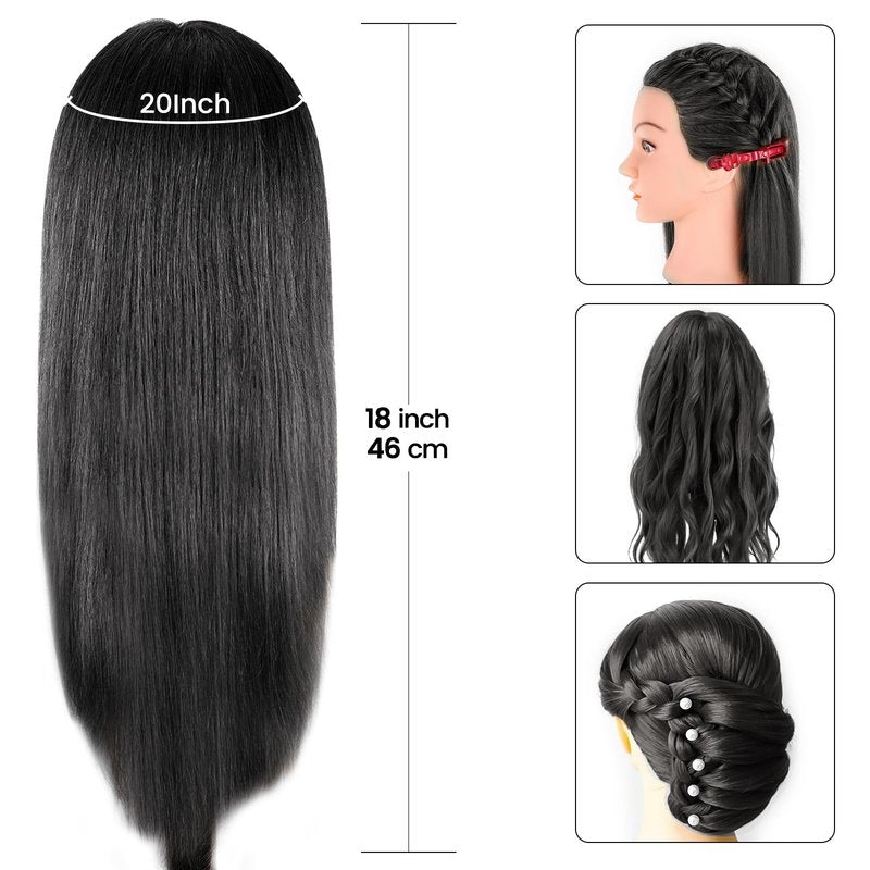 Mannequin Head with 100% Human Hair, MYSWEETY 18" Real Hair Manikin Doll Head for Hair Styling, Cosmetology Mannequin Hairdressing Practice Training Head with Clamp Holder and Tools(Black, Makeup)