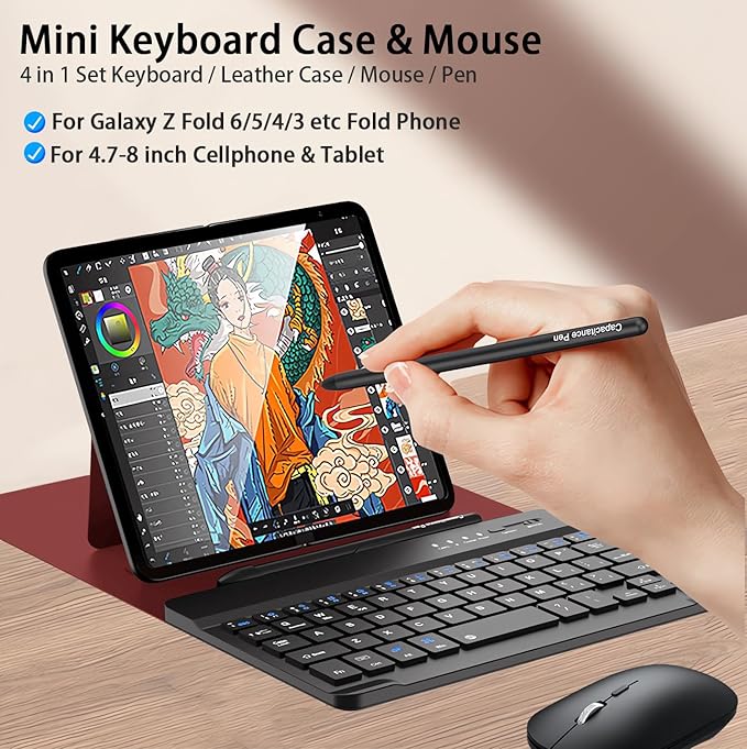 voppton for Samsung Galaxy Z Fold 7 6 5 Keyboard and Mouse, Portable Mini 7.9 inch Bluetooth Keyboard with Leather Case and Capacitive Pen, 4 in 1 Set for Z Trifold Fold7 Accessories