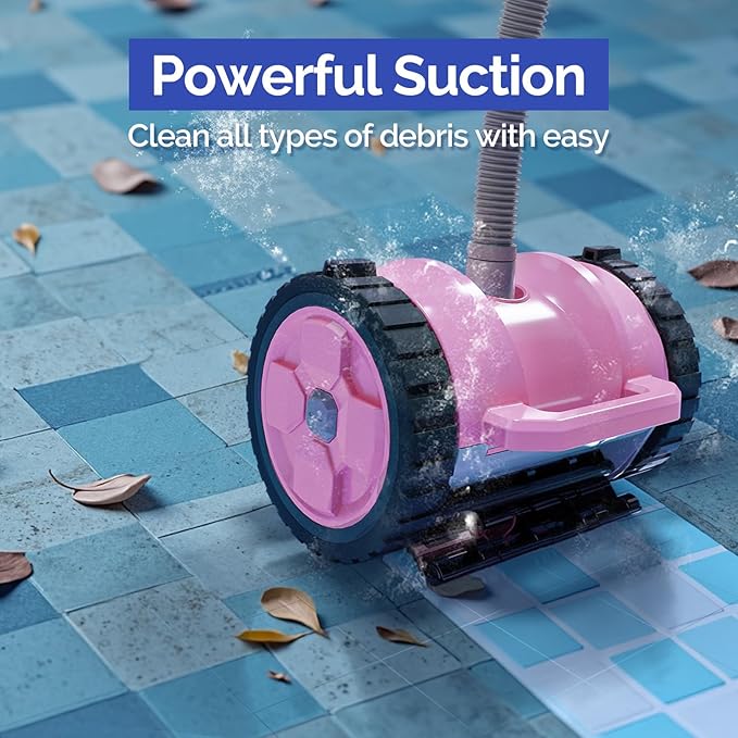 VINGLI Pool Vacuum Cleaner, Automatic Pool Sweeper for Ground&Inground Pools, Suction Side Wall-Climbing Sweeper with 39.6ft Tangle-Free Hose (Comfort Pink&Gray)