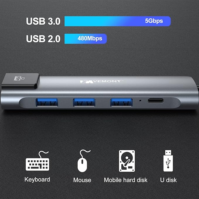 VEMONT 5-in-1 USB C Hub Multiport Adapter, Gigabit Ethernet, 3 USB 3.0 Ports, 100W PD Charging Docking Station Compatible with MacBook iPad Laptop All Type C Devices