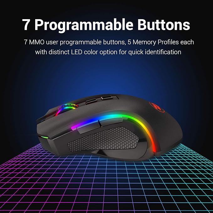 Redragon M602 Griffin RGB Gaming Mouse, Tri-Mode 2.4G/USB-C/Bluetooth Mouse Gaming, RGB Spectrum Backlit Ergonomic Mouse with 7 Programmable Backlight Modes up to 8000 DPI for Win PC Gamers (Wireless)