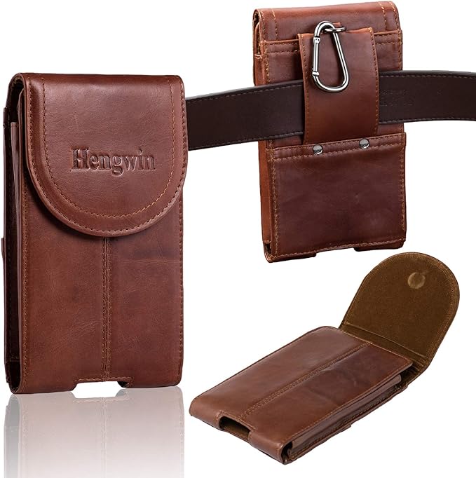 Hengwin Genuine Leather Cell Phone Holster for Outdoor Walking Working, Phone Holder Belt Pouch Case with Belt Clip Fits for iPhone 17 Pro Max 16 Pro Max Samsung Galaxy S25 Edge S24 Ultra (Brown)