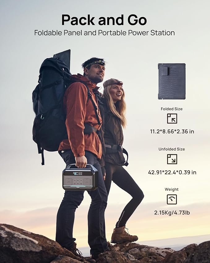 Portable Power Station 600W (1200W Surge) with 100W Solar Panel Included, 576Wh LiFePO4 Solar Generator, 1Hr Fast Charging, 100W USB-C PD Output, Power Bank for Home Emergency, Camping, RV, CPAP