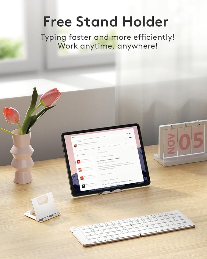Samsers Foldable Bluetooth Keyboard - Portable Wireless Keyboard with Stand Holder, Rechargeable Full Size Ultra Slim Folding for iOS Android Windows Smartphone Tablet and Laptop, White Pink