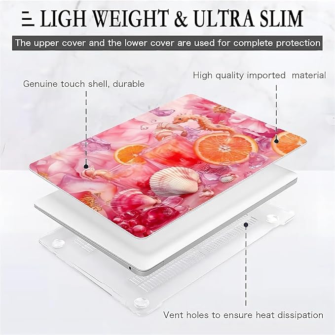 COTAIL Compatible with MacBook Air 13.3 13.6 Inch Case 2022 2021 2020 2019 Plastic Hard Shell Case Cover,13.3 Air (A1932/A2179/A2337), Pink Floral with Sea Shells