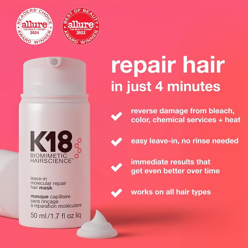 K18 Leave-In Molecular Repair Hair Mask - Revitalize Dry, Frizzy Hair | Fast 4-Minute Damage Recovery