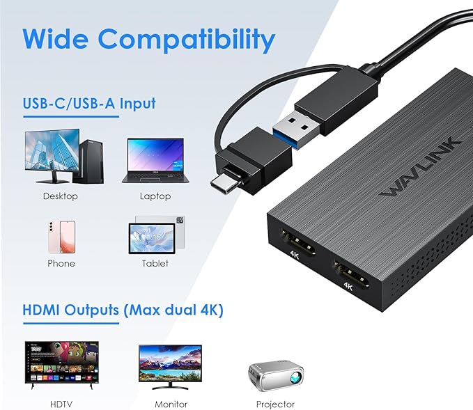 WAVLINK USB 3.0 & USB C to Dual HDMI Adapter 4K@60Hz for Dual Monitor, DisplayLink USB C HDMI Adapter for Apple Mac M1-M5/Macbook Neo, Windows 10/11, ChromeOS (No Linux/iPad/iOS/HDCP), Driver Required