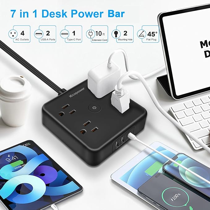 Ultra Flat Plug Surge Protector Power Strip 10 ft Cord,Long Power Strip with 4 Widely Outlets, Thin Extension Cord with 3 USB Ports(1 USB C Port),Slim Desk Charging Station,Black(2 Pack)